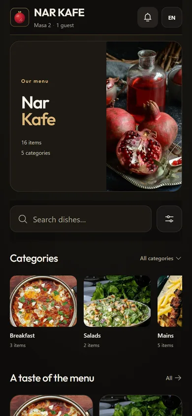 The Nar Kafe demo venue’s QR menu on a phone